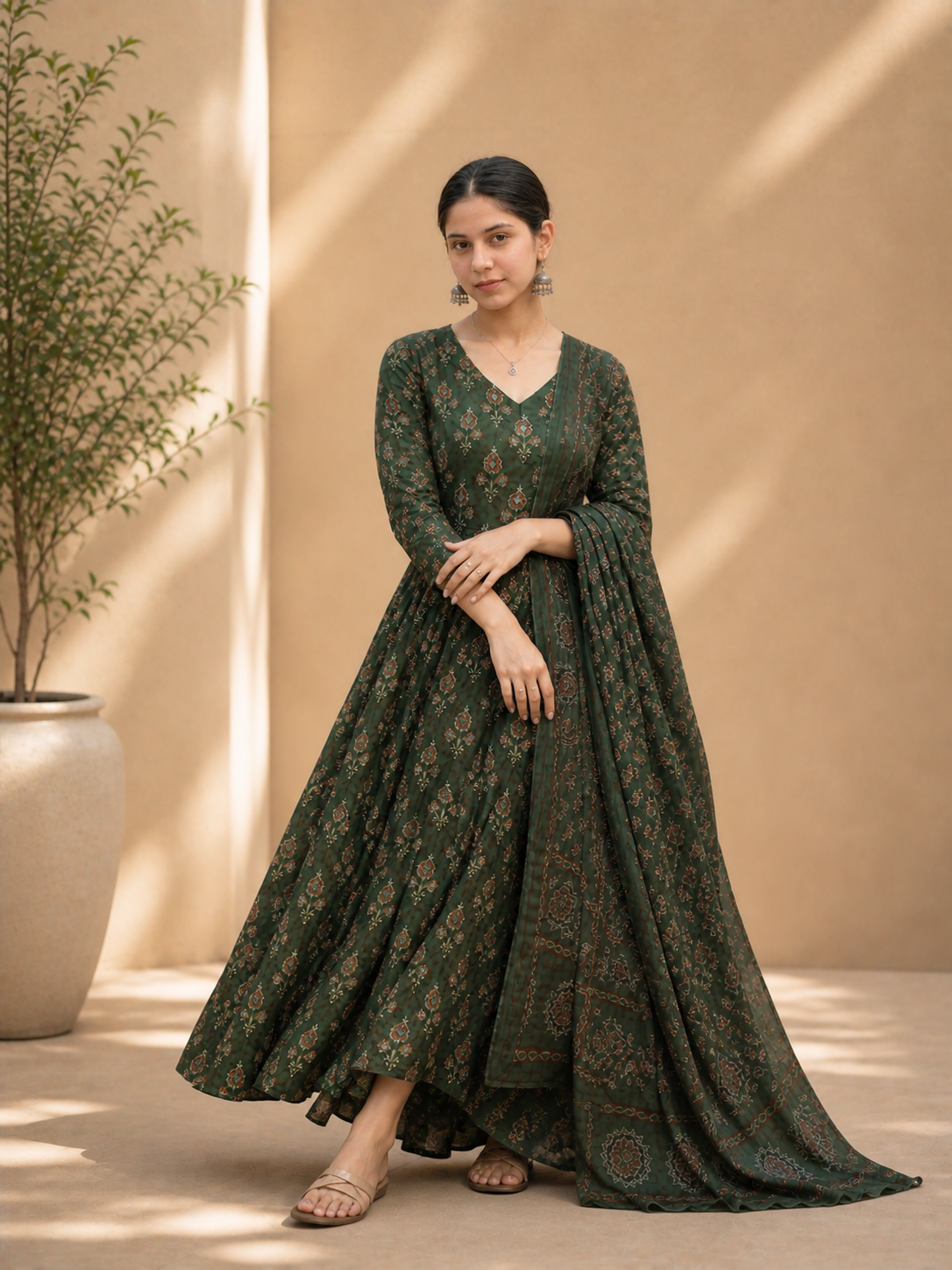 Women’s Green Anarkali Kurta Set with Dupatta