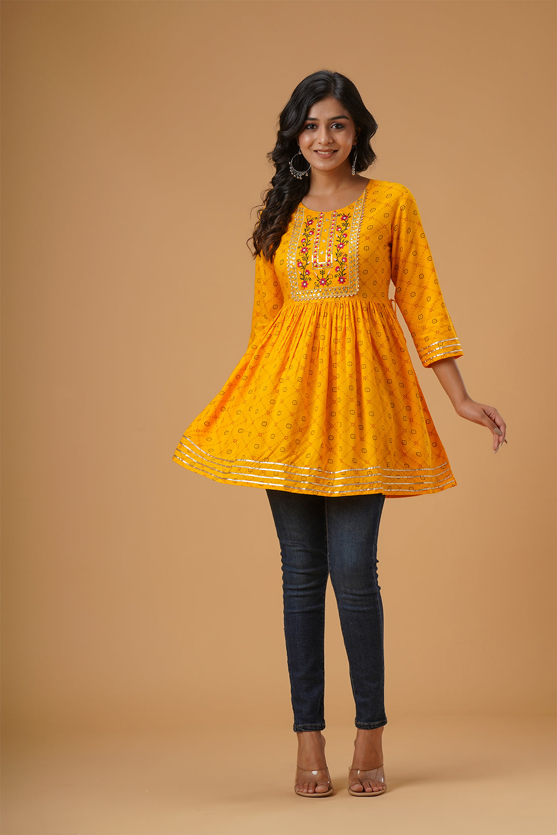 Yellow Embroidered and Printed Viscose Rayon Flared Kurta for Women