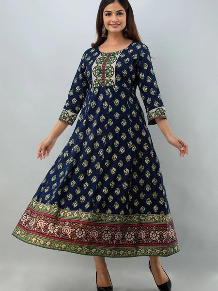 Bairaj Blue Printed Women Anarkali Kurta in Viscose Rayon