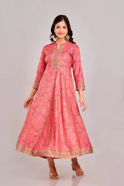 Bairaj Women's Designer Peach Anarkali Printed Gown
