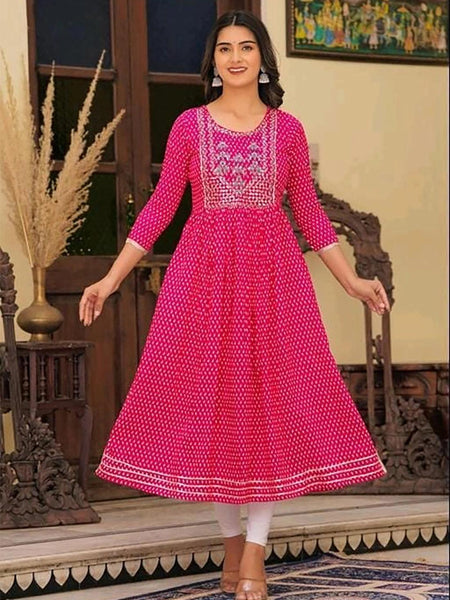 Embroidered and Printed Pink Women Anarkali Kurta in Viscose Rayon