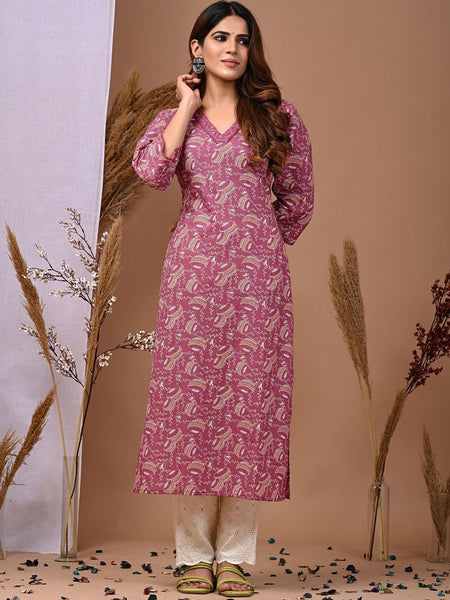 Pink Floral Printed Rayon Straight Kurta with V-Neck & 3/4th Sleeves