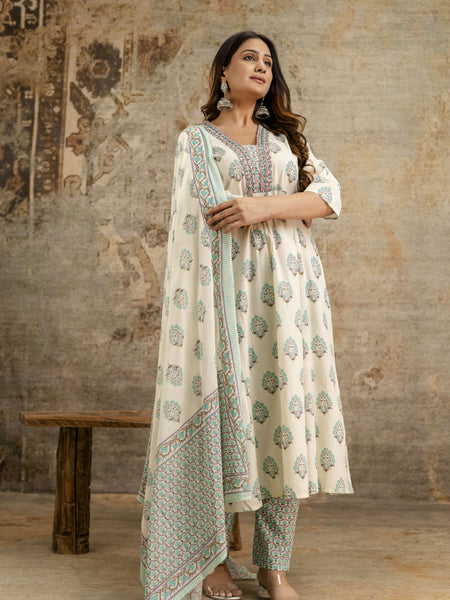 Women's cotton Anarkali Kurta with embroidery with pant and mulmul dupatta