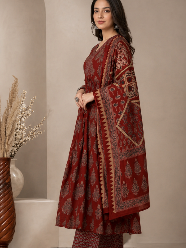 Women Printed Anarkali Kurta, Pant & Dupatta Set (Maroon) Printed Kurta, Palazzo & Dupatta Set