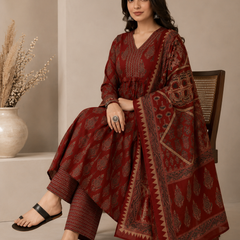 Women Printed Anarkali Kurta, Pant & Dupatta Set (Maroon) Printed Kurta, Palazzo & Dupatta Set