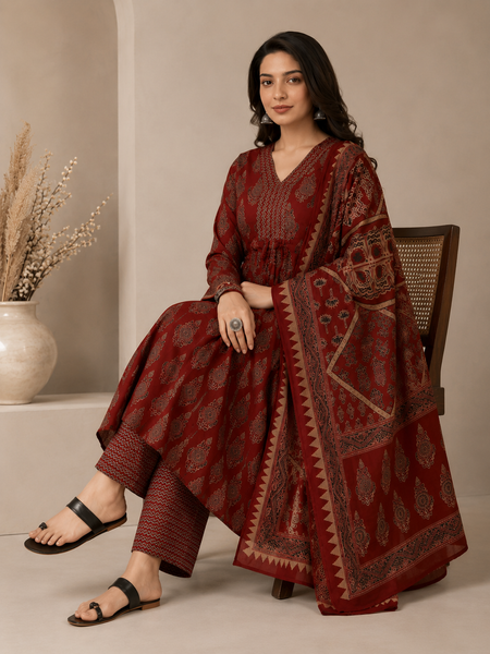 Women Printed Anarkali Kurta, Pant & Dupatta Set (Maroon) Printed Kurta, Palazzo & Dupatta Set