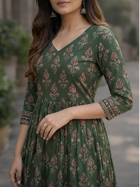 Women’s Green Anarkali Kurta Set with Dupatta