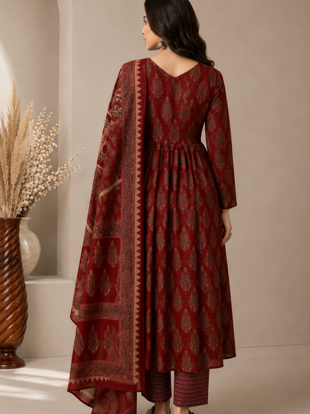Women Printed Anarkali Kurta, Pant & Dupatta Set (Maroon) Printed Kurta, Palazzo & Dupatta Set