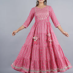 Pink Anarkali Kurta with Silver Foil Print & Tassel Detailing