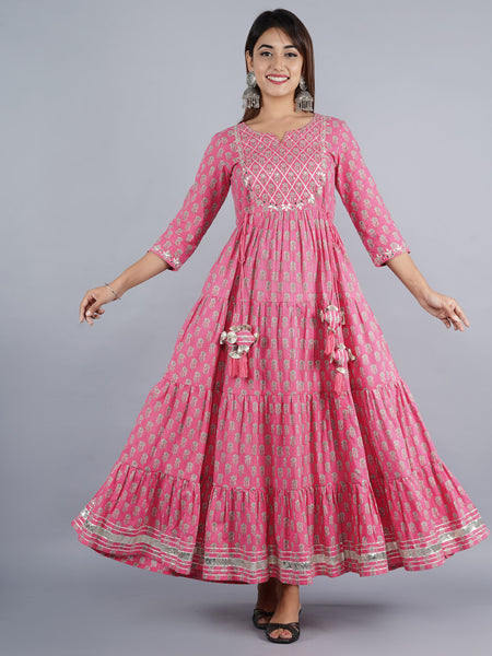 Pink Anarkali Kurta with Silver Foil Print & Tassel Detailing