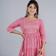 Pink Anarkali Kurta with Silver Foil Print & Tassel Detailing