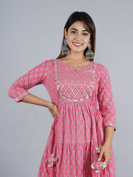 Pink Anarkali Kurta with Silver Foil Print & Tassel Detailing