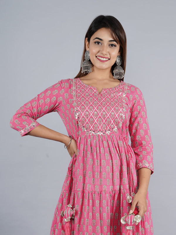 Pink Anarkali Kurta with Silver Foil Print & Tassel Detailing