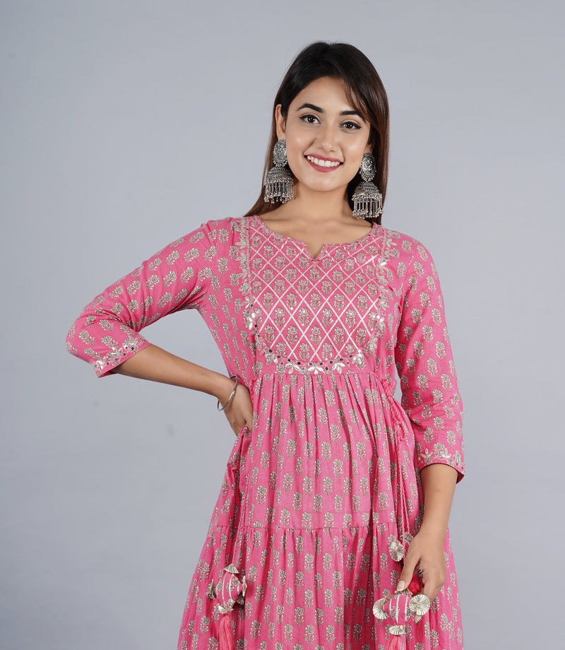 Pink Anarkali Kurta with Silver Foil Print & Tassel Detailing