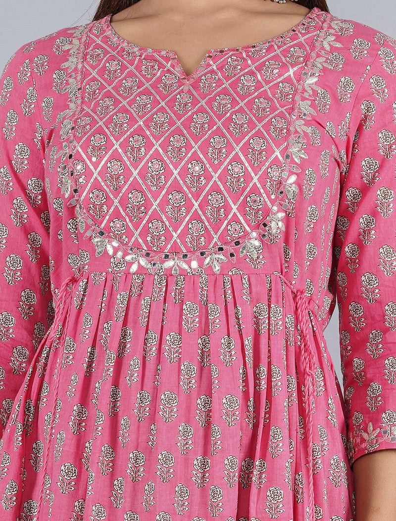 Pink Anarkali Kurta with Silver Foil Print & Tassel Detailing