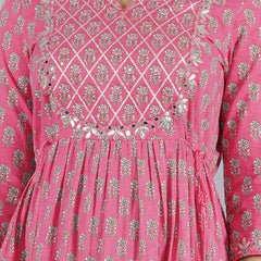 Pink Anarkali Kurta with Silver Foil Print & Tassel Detailing