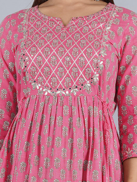 Pink Anarkali Kurta with Silver Foil Print & Tassel Detailing