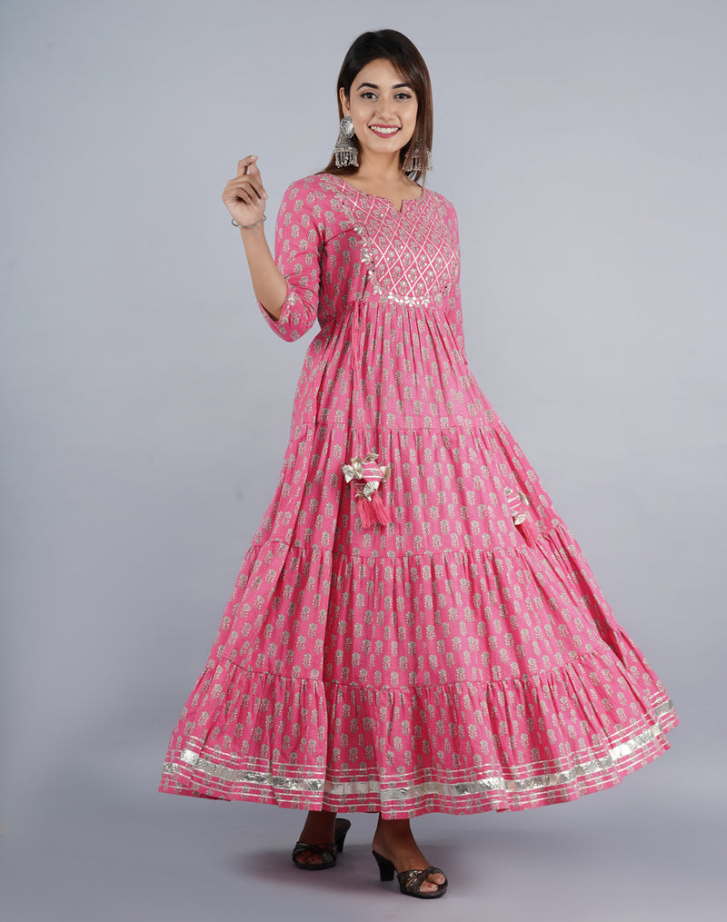 Pink Anarkali Kurta with Silver Foil Print & Tassel Detailing