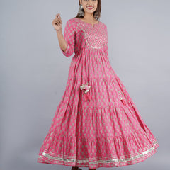 Pink Anarkali Kurta with Silver Foil Print & Tassel Detailing