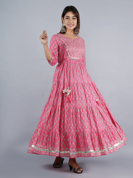 Pink Anarkali Kurta with Silver Foil Print & Tassel Detailing