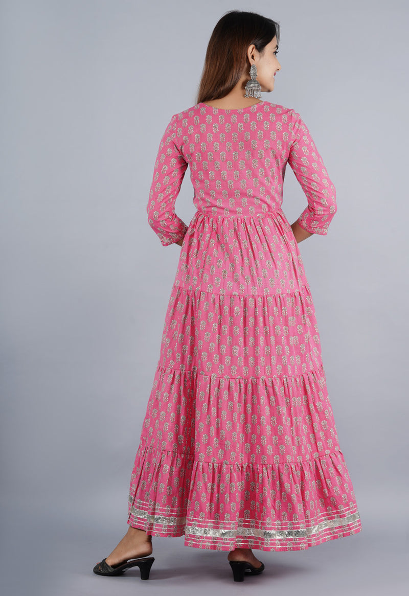 Pink Anarkali Kurta with Silver Foil Print & Tassel Detailing
