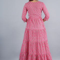 Pink Anarkali Kurta with Silver Foil Print & Tassel Detailing