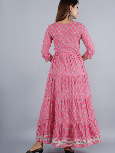 Pink Anarkali Kurta with Silver Foil Print & Tassel Detailing