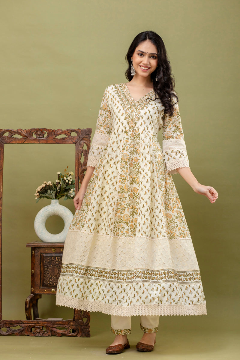 Hand Block Printed Pure Cotton Anarkali Kurta with Trousers & Dupatta Set