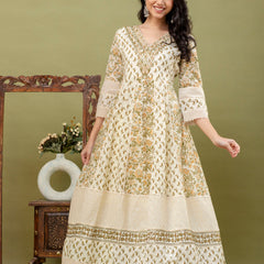 Hand Block Printed Pure Cotton Anarkali Kurta with Trousers & Dupatta Set