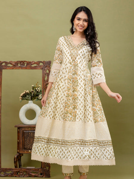 Hand Block Printed Pure Cotton Anarkali Kurta with Trousers & Dupatta Set