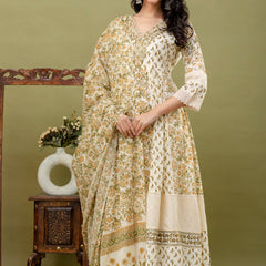 Hand Block Printed Pure Cotton Anarkali Kurta with Trousers & Dupatta Set