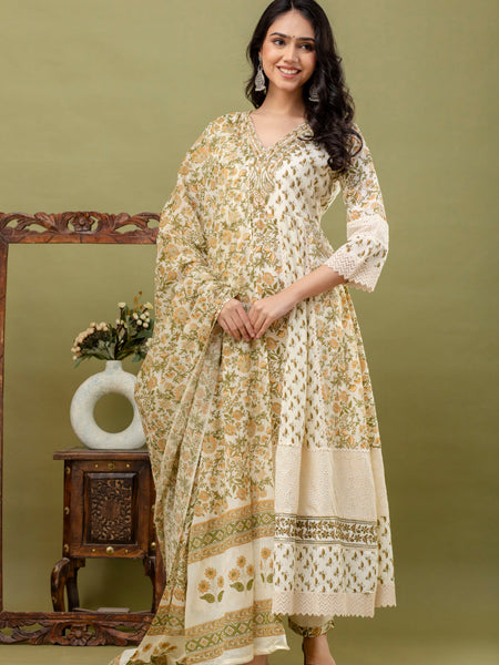 Hand Block Printed Pure Cotton Anarkali Kurta with Trousers & Dupatta Set