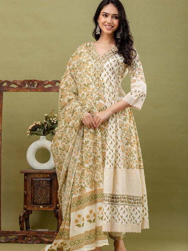 Hand Block Printed Pure Cotton Anarkali Kurta with Trousers & Dupatta Set