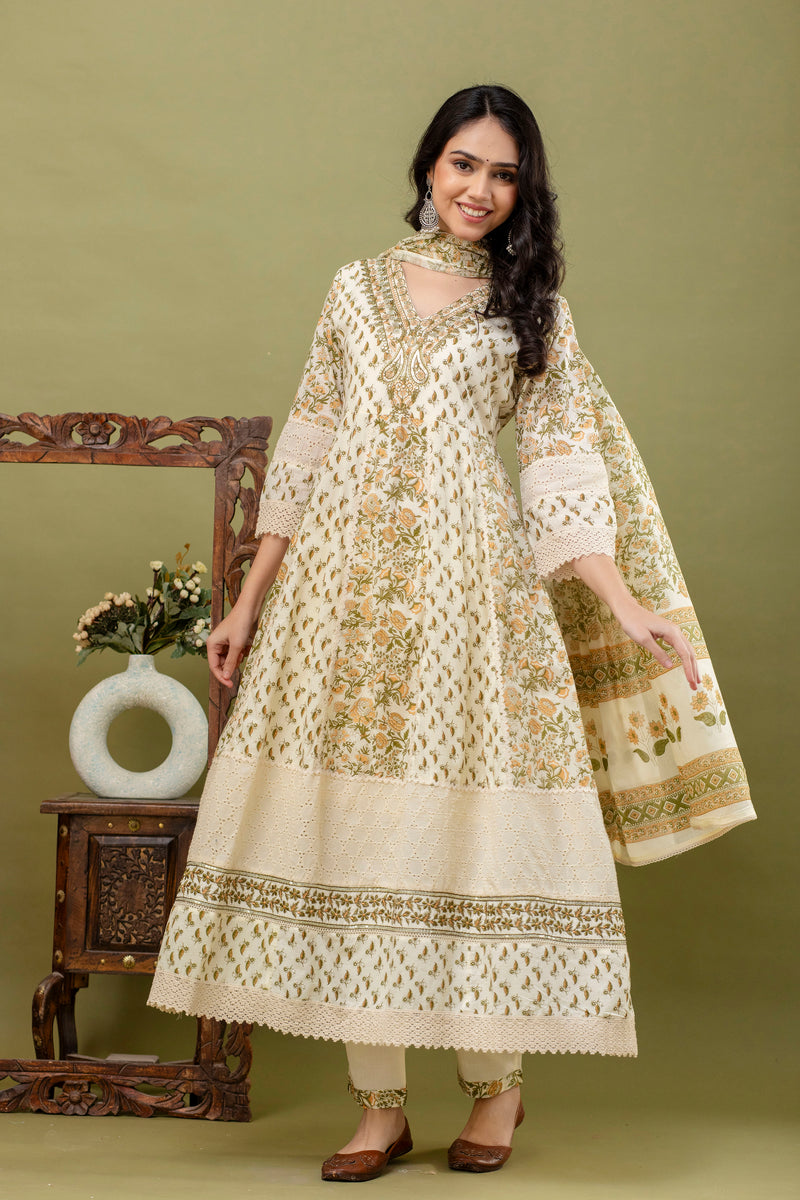 Hand Block Printed Pure Cotton Anarkali Kurta with Trousers & Dupatta Set