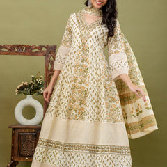 Hand Block Printed Pure Cotton Anarkali Kurta with Trousers & Dupatta Set