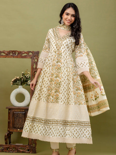 Hand Block Printed Pure Cotton Anarkali Kurta with Trousers & Dupatta Set
