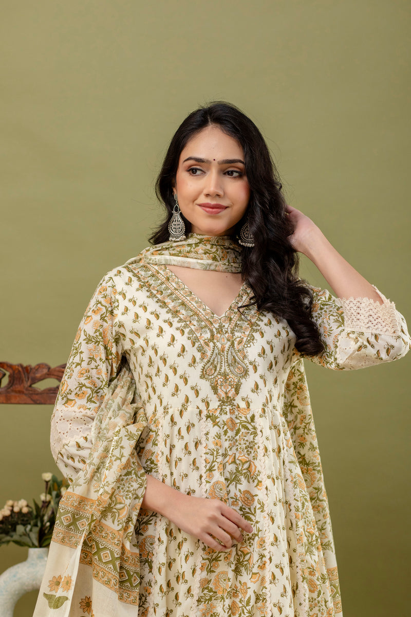 Hand Block Printed Pure Cotton Anarkali Kurta with Trousers & Dupatta Set