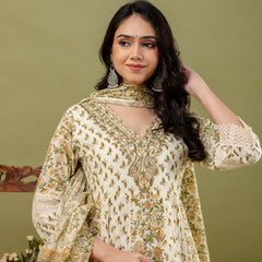 Hand Block Printed Pure Cotton Anarkali Kurta with Trousers & Dupatta Set