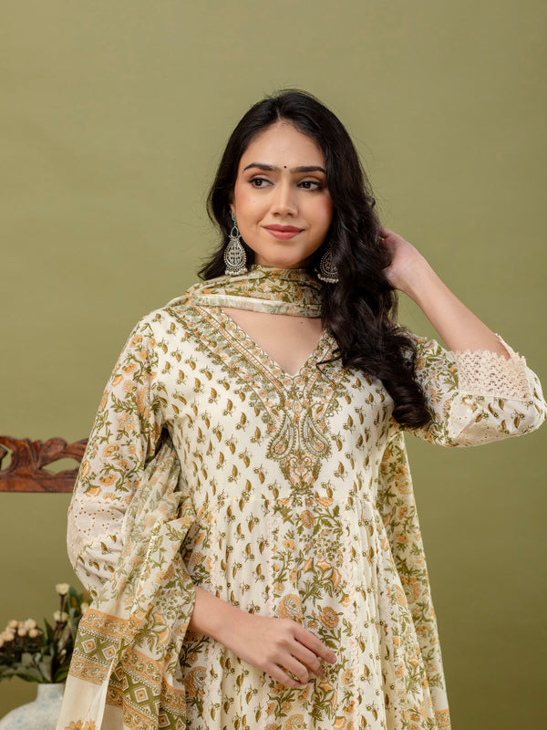 Hand Block Printed Pure Cotton Anarkali Kurta with Trousers & Dupatta Set