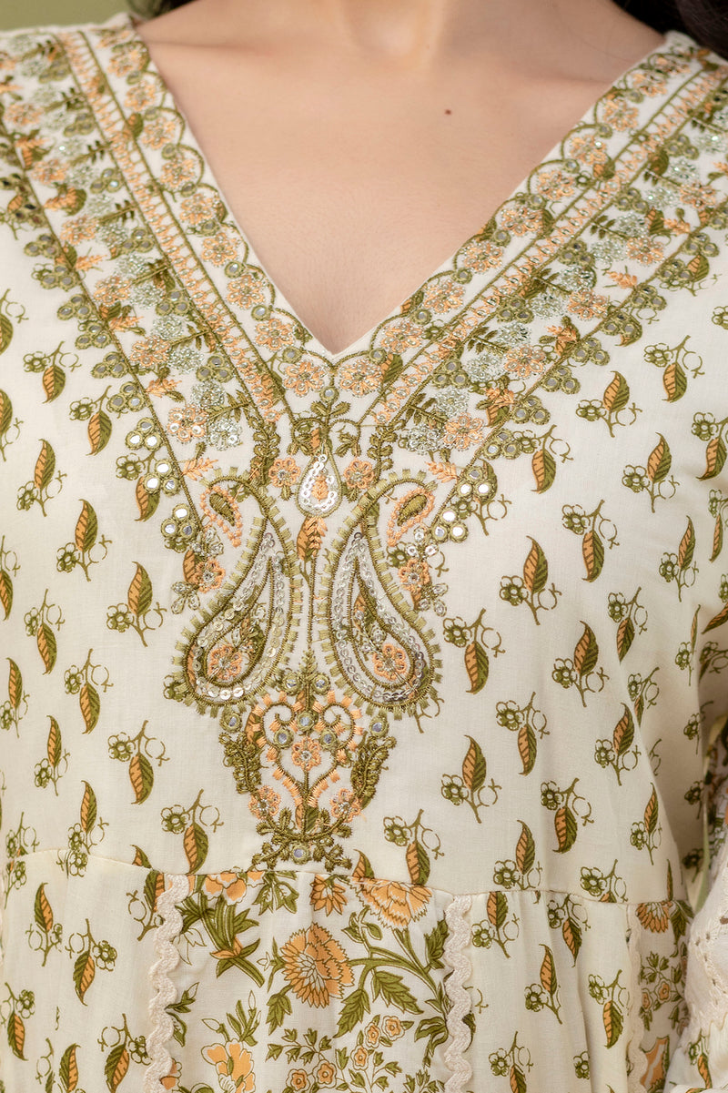 Hand Block Printed Pure Cotton Anarkali Kurta with Trousers & Dupatta Set