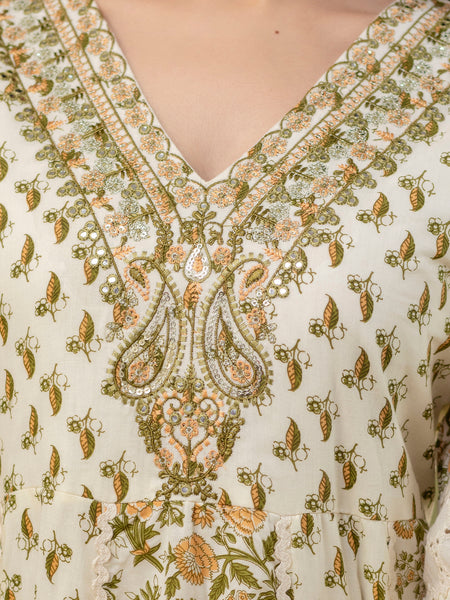 Hand Block Printed Pure Cotton Anarkali Kurta with Trousers & Dupatta Set