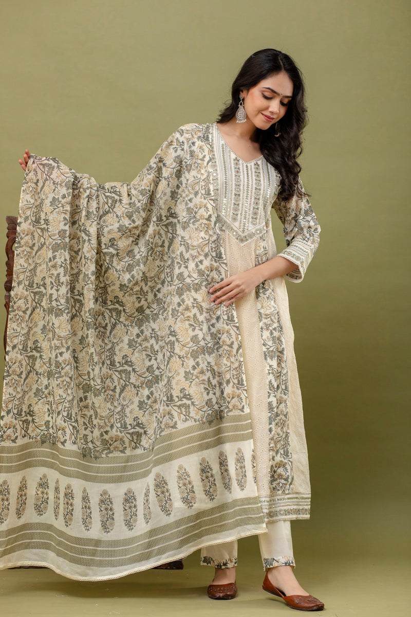 Hand Block Printed Pure Cotton Kurta with Trousers & Dupatta Set