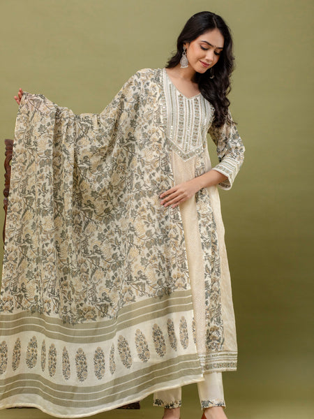 Hand Block Printed Pure Cotton Kurta with Trousers & Dupatta Set