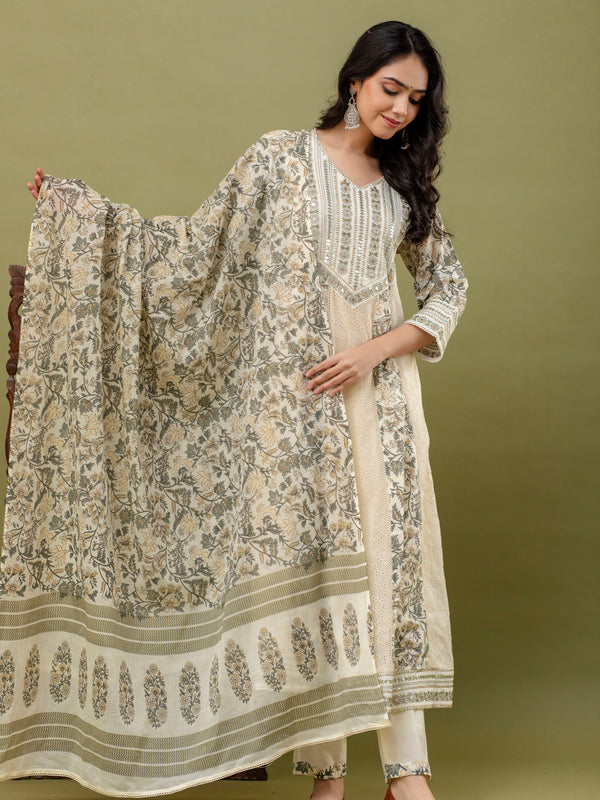 Hand Block Printed Pure Cotton Kurta with Trousers & Dupatta Set