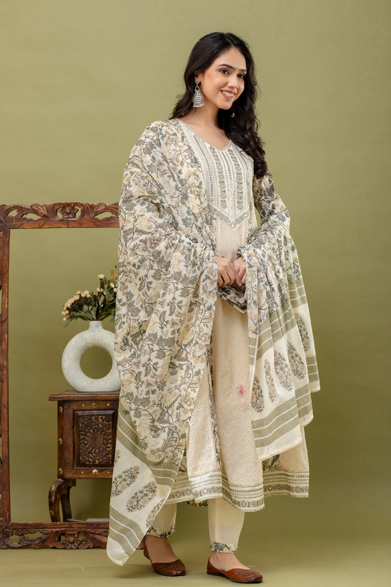 Hand Block Printed Pure Cotton Kurta with Trousers & Dupatta Set