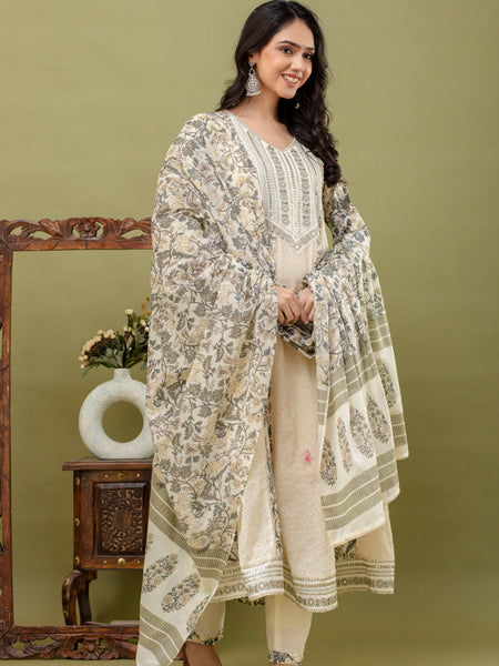Hand Block Printed Pure Cotton Kurta with Trousers & Dupatta Set