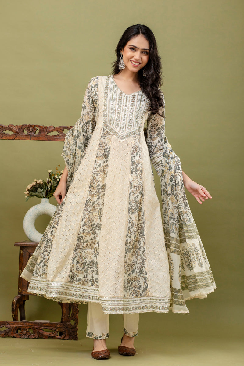Hand Block Printed Pure Cotton Kurta with Trousers & Dupatta Set