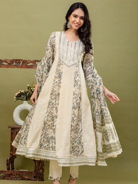 Hand Block Printed Pure Cotton Kurta with Trousers & Dupatta Set
