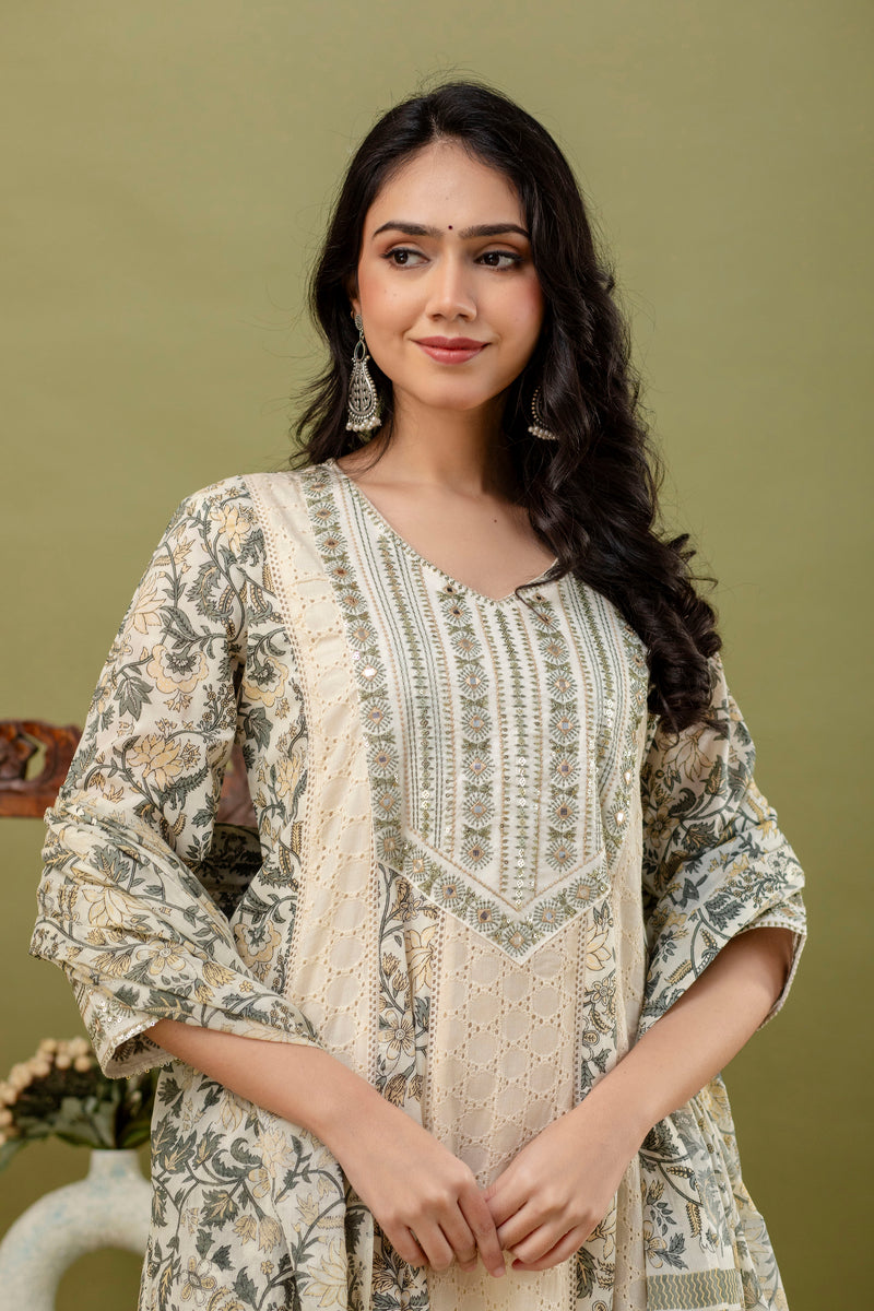 Hand Block Printed Pure Cotton Kurta with Trousers & Dupatta Set