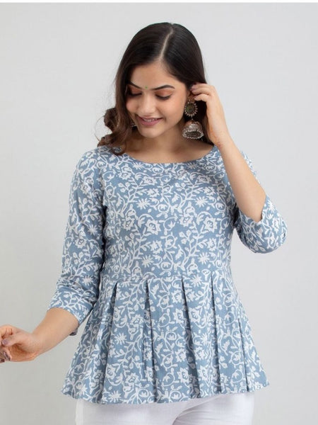 Floral Printed Pleated Pure Cotton A-Line Kurti